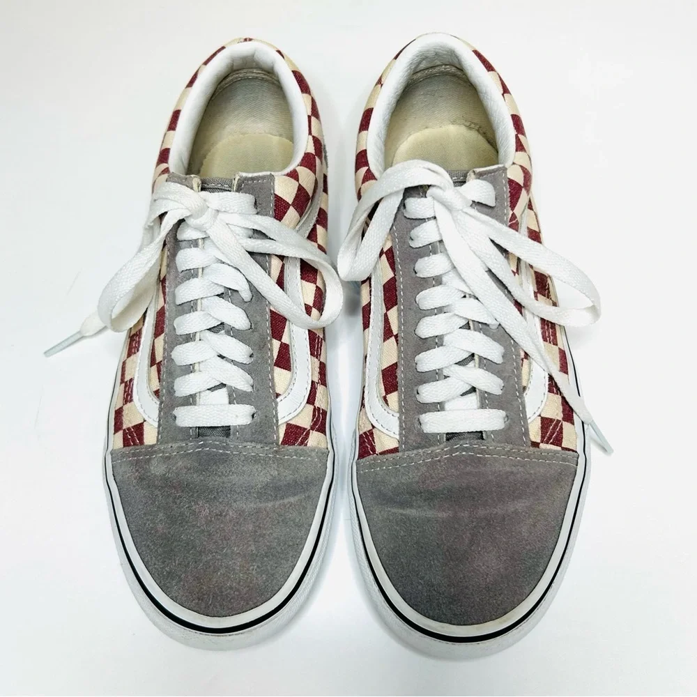 NEW VANS Old Skool Checkerboard Sneakers Burgundy Gray Suede Size 6.5